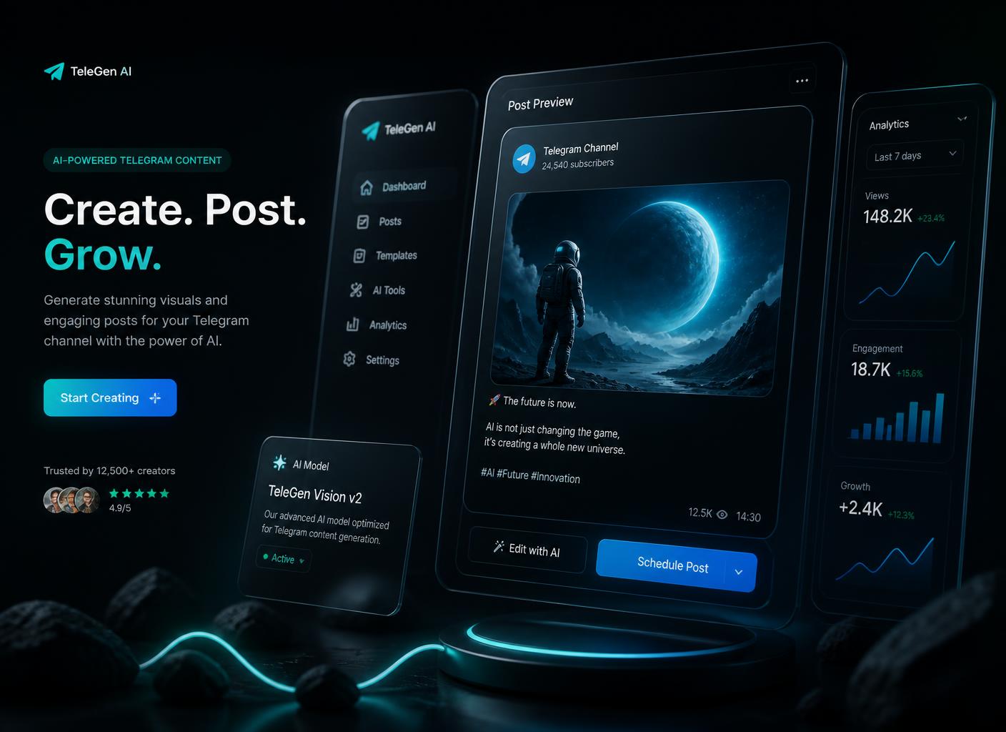 Интерфейс AI POSTER с предпросмотром поста для Telegram-канала
